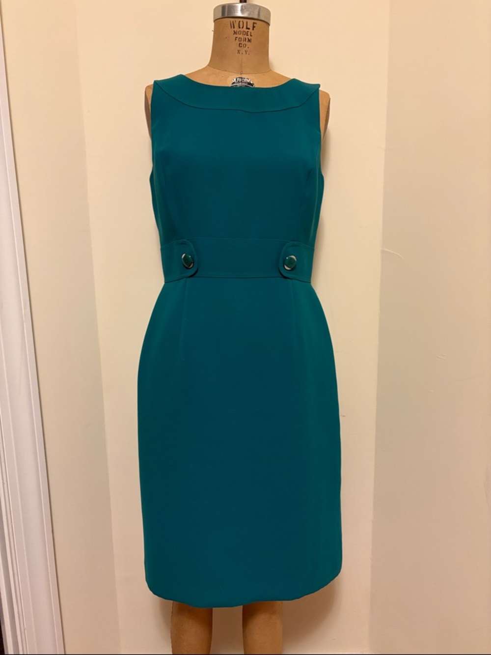 Tahari Teal Sleeveless Sheath Dress with Buttoned Waist - Picture 1 of 3